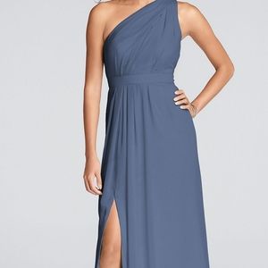David's Bridal long one-shoulder crinkle chiffon bridesmaid dress